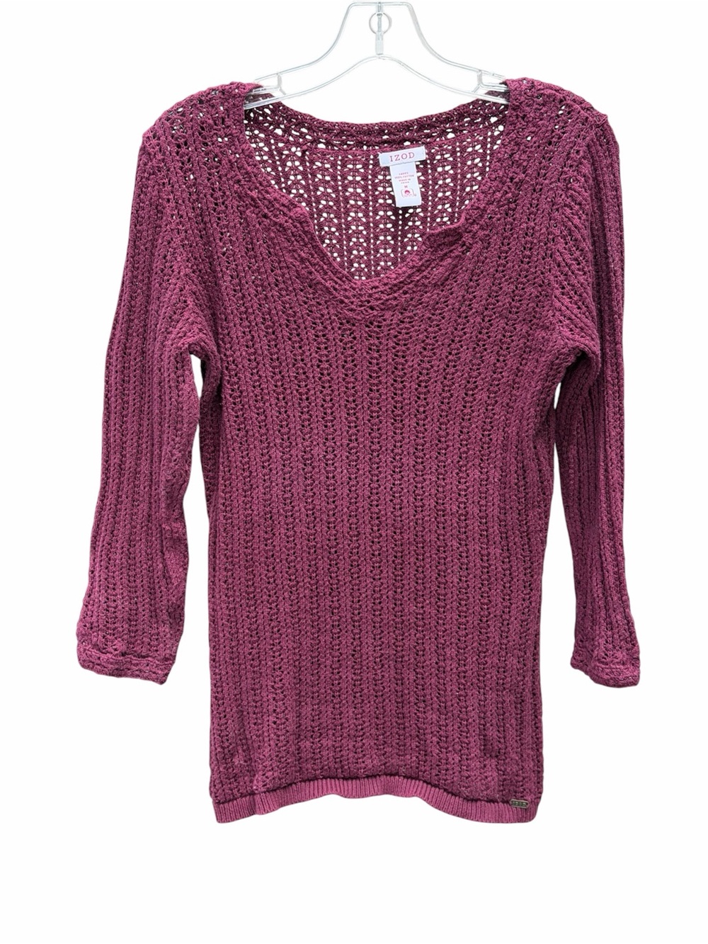 Izod Women's V-Neck Open Knit Sweater - Cranberry - medium